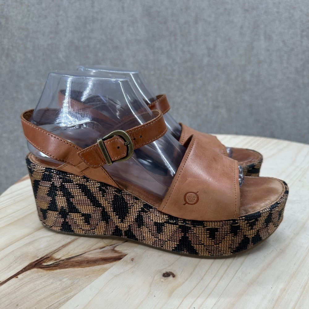 Born Dorrah Wedge Sandals 9 Tan Leather Geometric Platform Ankle Strap - Picture 3 of 11